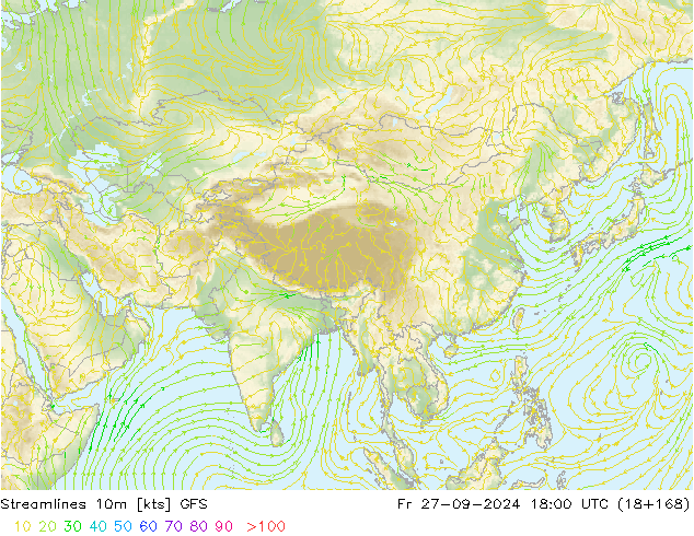 Línea de corriente 10m GFS vie 27.09.2024 18 UTC