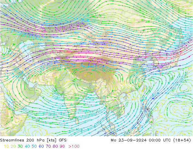 Linia prądu 200 hPa GFS pon. 23.09.2024 00 UTC