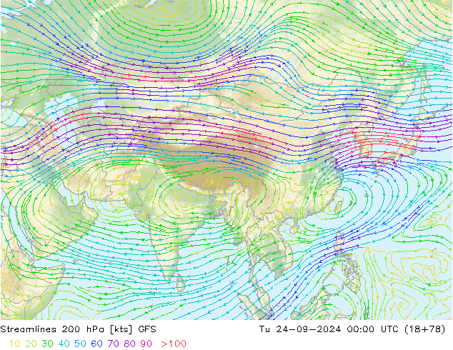 Streamlines 200 hPa GFS Tu 24.09.2024 00 UTC