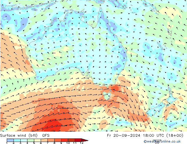 wiatr 10 m (bft) GFS pt. 20.09.2024 18 UTC