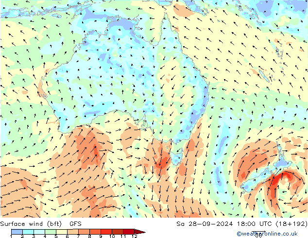 Surface wind (bft) GFS Sa 28.09.2024 18 UTC