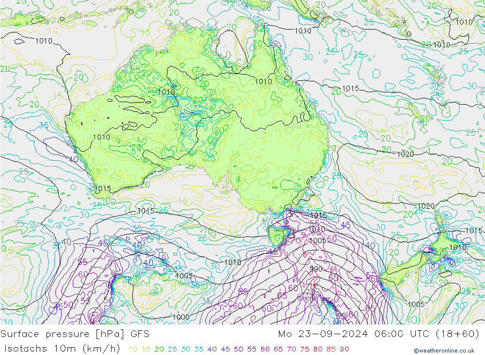 Isotachs (kph) GFS Mo 23.09.2024 06 UTC