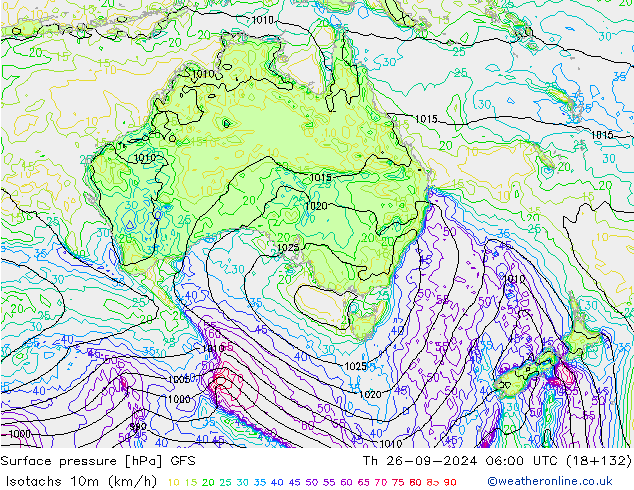 Isotachs (kph) GFS Čt 26.09.2024 06 UTC