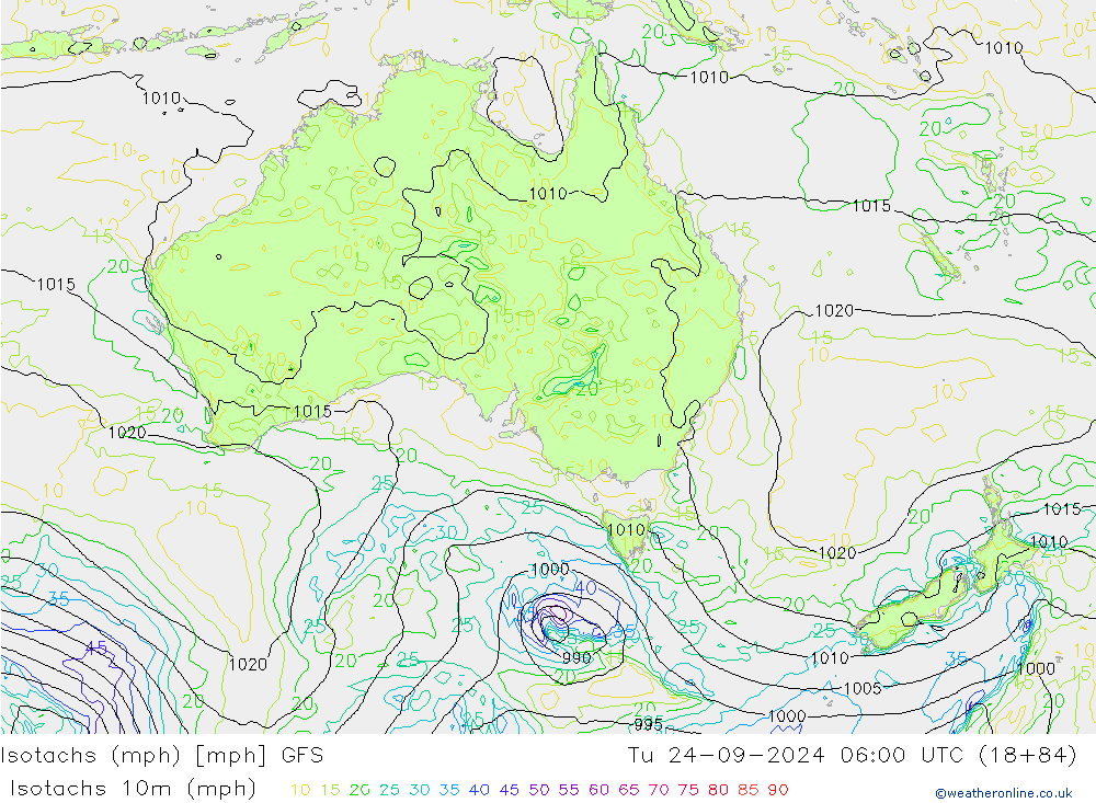 Isotachs (mph) GFS  24.09.2024 06 UTC