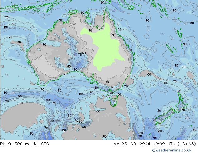 RH 0-300 m GFS Mo 23.09.2024 09 UTC