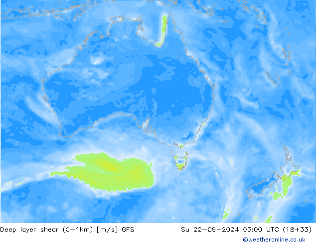 Deep layer shear (0-1km) GFS dom 22.09.2024 03 UTC