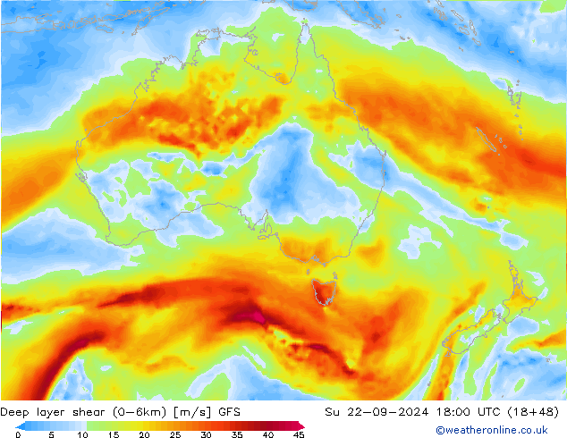 Deep layer shear (0-6km) GFS Su 22.09.2024 18 UTC