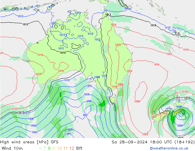 High wind areas GFS Sáb 28.09.2024 18 UTC