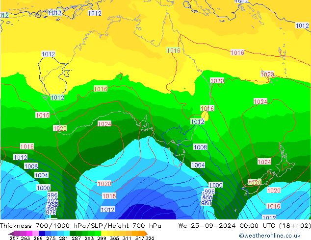 Dikte700-1000 hPa GFS wo 25.09.2024 00 UTC