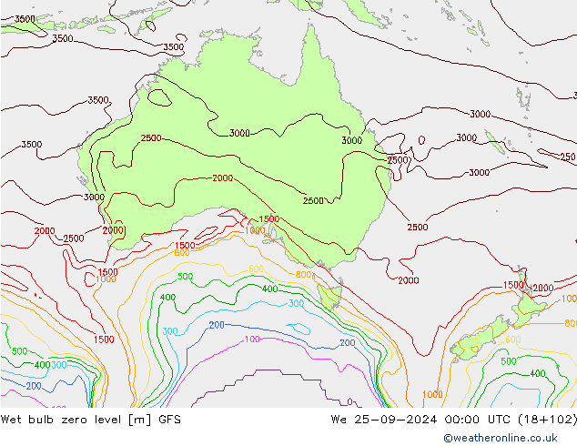 Wet bulb zero level GFS ср 25.09.2024 00 UTC