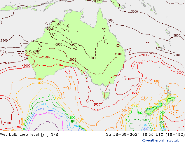 Wet bulb zero level GFS Sa 28.09.2024 18 UTC