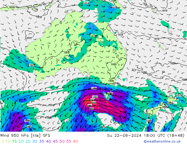 Rüzgar 950 hPa GFS Paz 22.09.2024 18 UTC