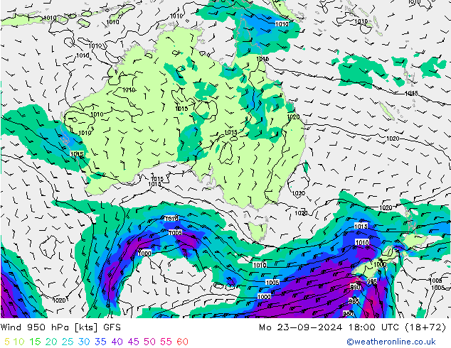 Vento 950 hPa GFS lun 23.09.2024 18 UTC