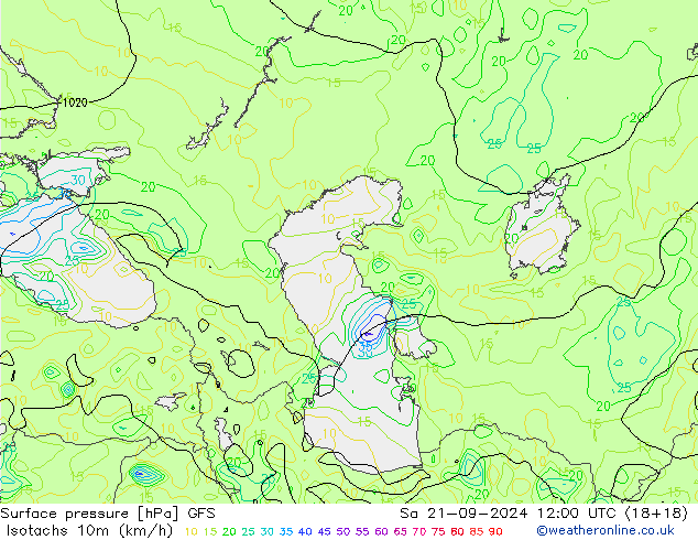 Isotachs (kph) GFS So 21.09.2024 12 UTC