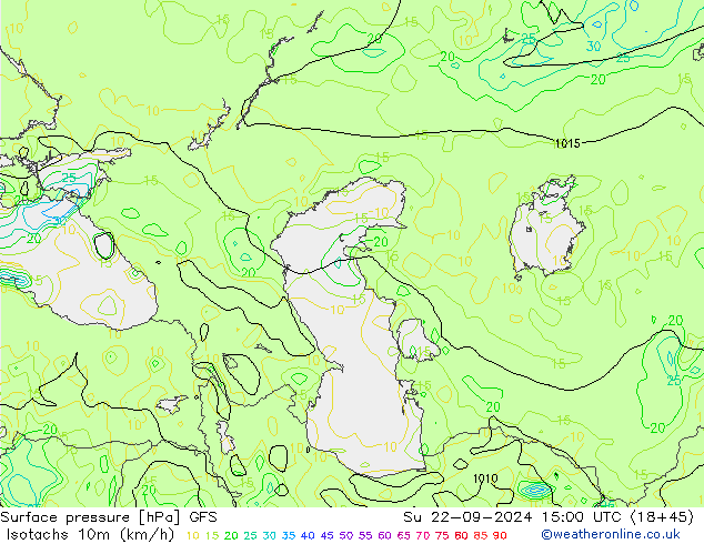 Isotachs (kph) GFS Su 22.09.2024 15 UTC