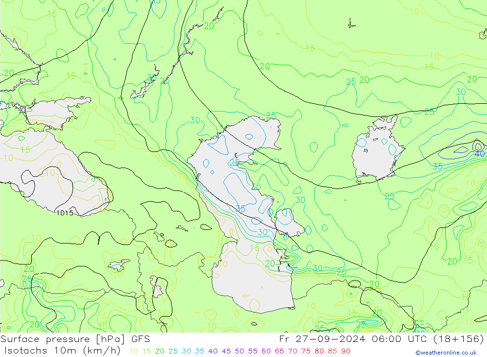 Isotachs (kph) GFS Pá 27.09.2024 06 UTC