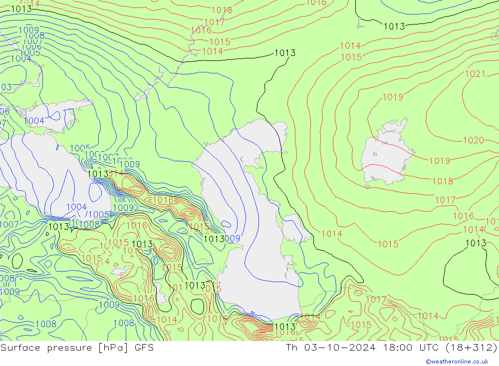 Atmosférický tlak GFS Čt 03.10.2024 18 UTC