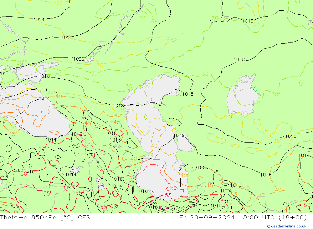 Theta-e 850hPa GFS Pá 20.09.2024 18 UTC