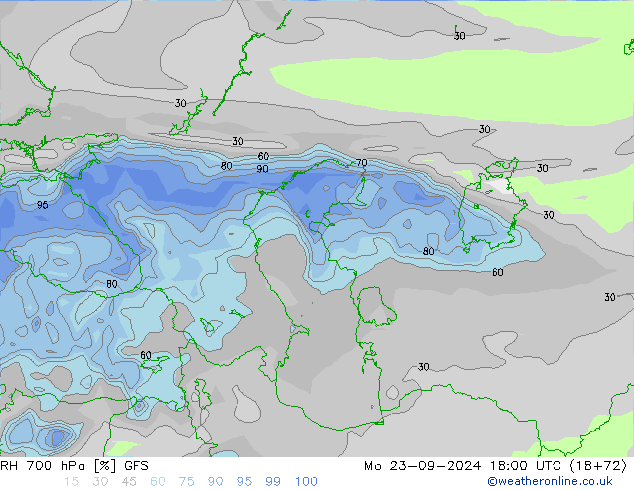 RH 700 hPa GFS Mo 23.09.2024 18 UTC