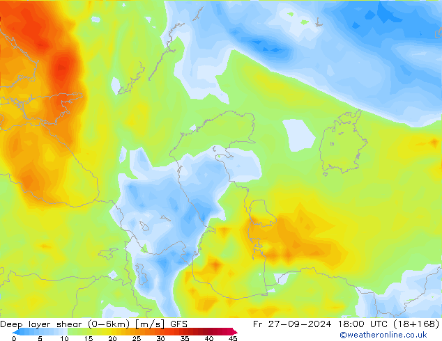 Deep layer shear (0-6km) GFS Cu 27.09.2024 18 UTC