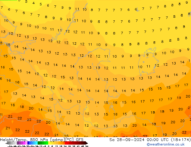 Geop./Temp. 850 hPa GFS sáb 28.09.2024 00 UTC