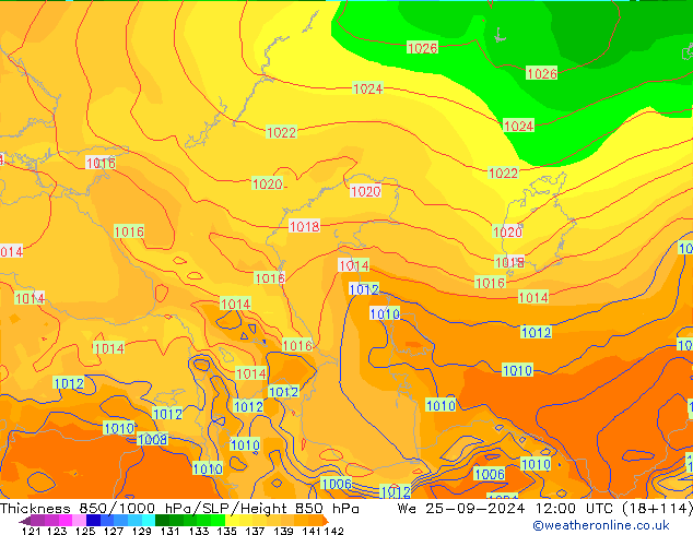 Thck 850-1000 hPa GFS St 25.09.2024 12 UTC