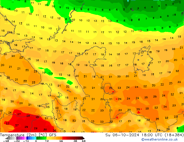 Temperature (2m) GFS Su 06.10.2024 18 UTC