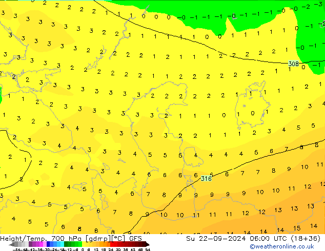 Height/Temp. 700 hPa GFS  22.09.2024 06 UTC