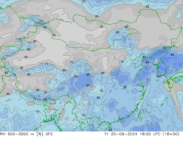 RH 600-3000 m GFS 星期五 20.09.2024 18 UTC