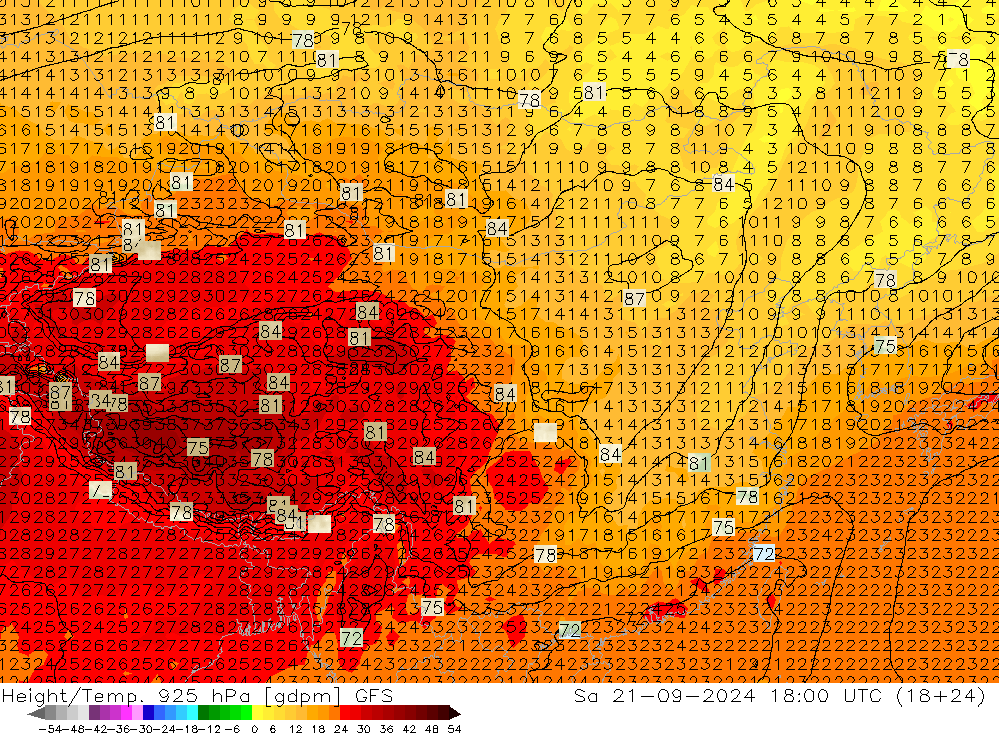 Height/Temp. 925 hPa GFS Sa 21.09.2024 18 UTC