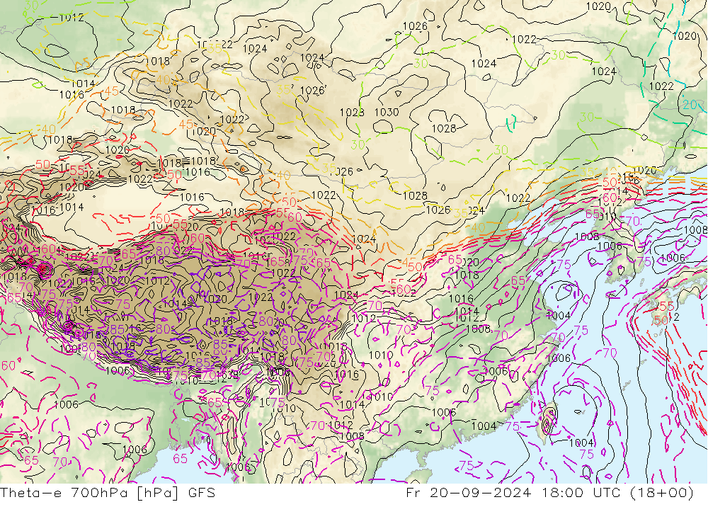 Theta-e 700hPa GFS Sex 20.09.2024 18 UTC