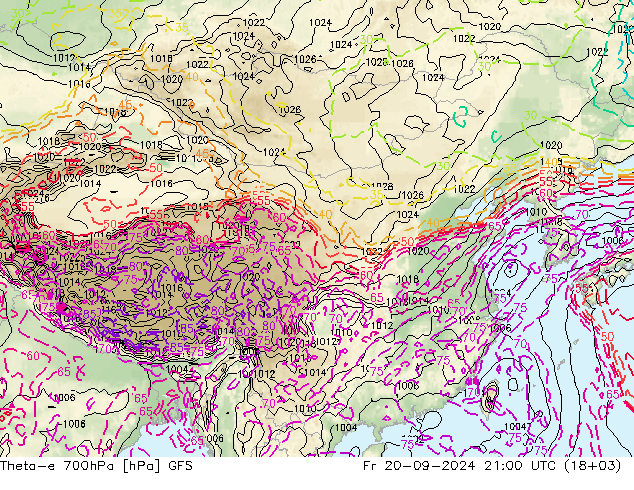 Theta-e 700hPa GFS ven 20.09.2024 21 UTC