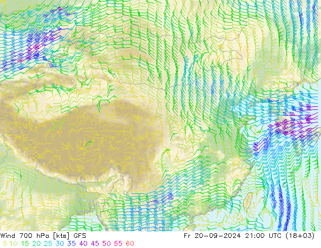 Viento 700 hPa GFS vie 20.09.2024 21 UTC