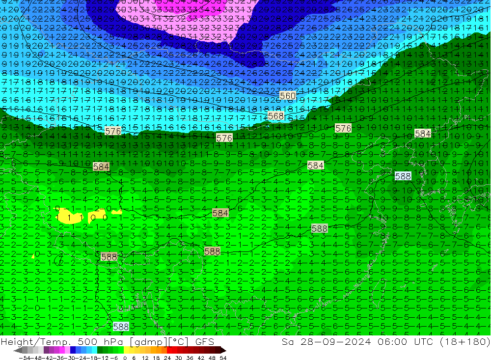 Height/Temp. 500 hPa GFS 星期六 28.09.2024 06 UTC