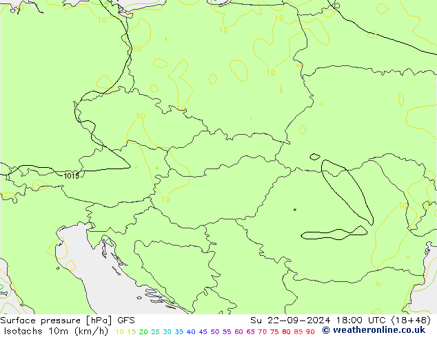 Isotachs (kph) GFS  22.09.2024 18 UTC