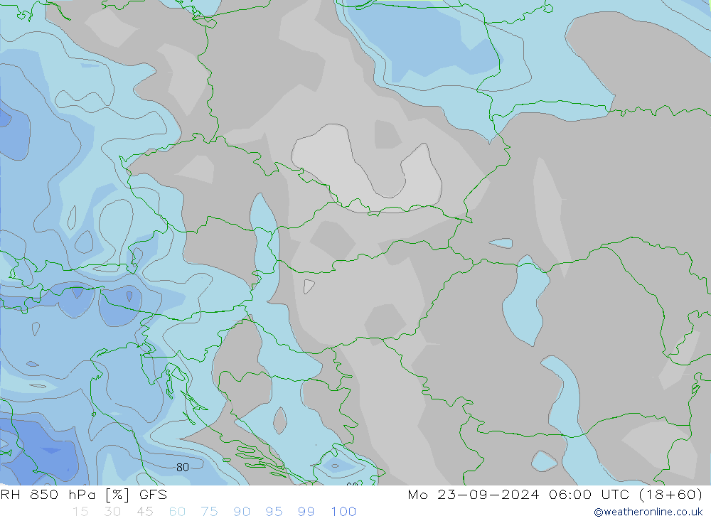 RH 850 hPa GFS pon. 23.09.2024 06 UTC