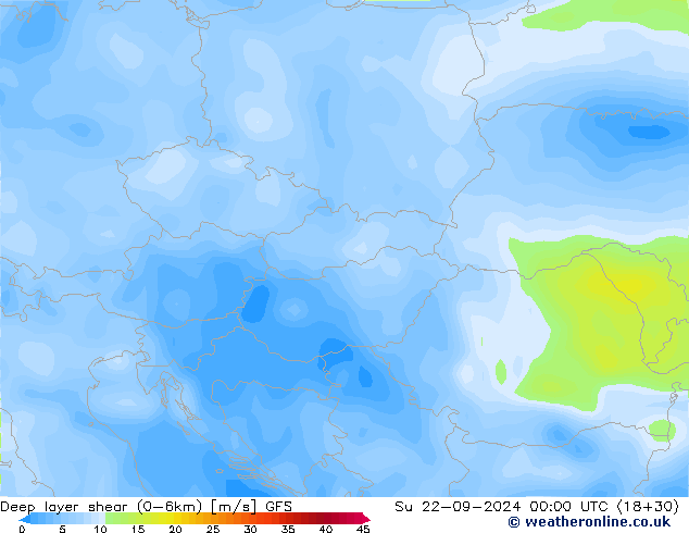 Deep layer shear (0-6km) GFS Вс 22.09.2024 00 UTC