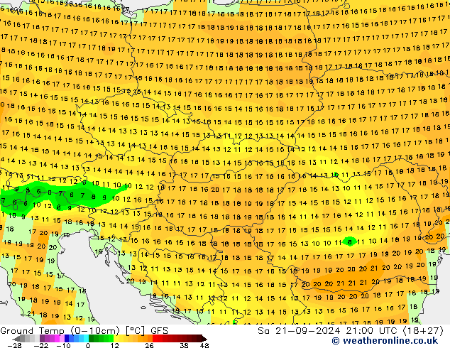 Temp. gruntu (0-10cm) GFS so. 21.09.2024 21 UTC