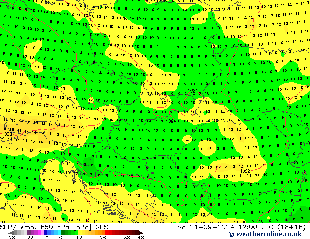 SLP/Temp. 850 hPa GFS za 21.09.2024 12 UTC