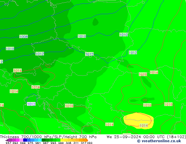 Thck 700-1000 hPa GFS We 25.09.2024 00 UTC