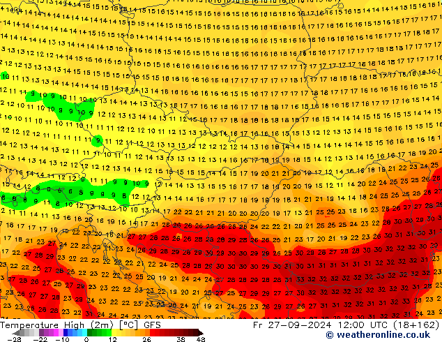 temperatura máx. (2m) GFS Sex 27.09.2024 12 UTC