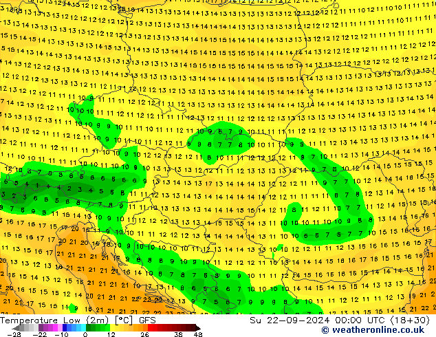 temperatura mín. (2m) GFS Dom 22.09.2024 00 UTC