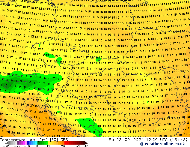 Min.temperatuur (2m) GFS zo 22.09.2024 12 UTC