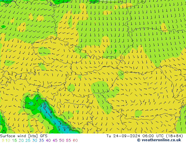 Surface wind GFS Tu 24.09.2024 06 UTC