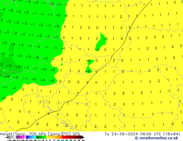 Height/Temp. 700 hPa GFS wto. 24.09.2024 06 UTC