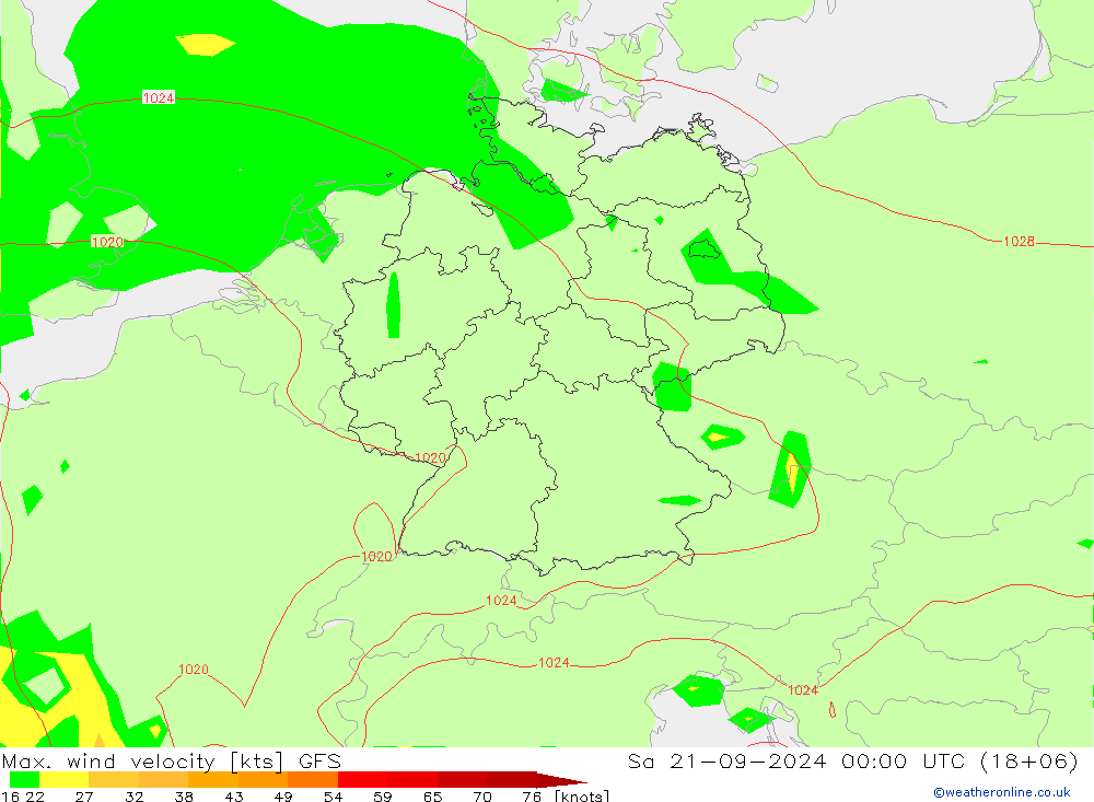 Max. wind velocity GFS sáb 21.09.2024 00 UTC