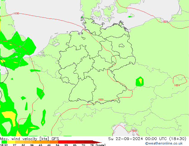 Max. wind velocity GFS dom 22.09.2024 00 UTC