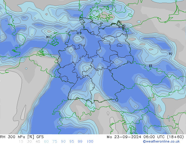 RH 300 гПа GFS пн 23.09.2024 06 UTC