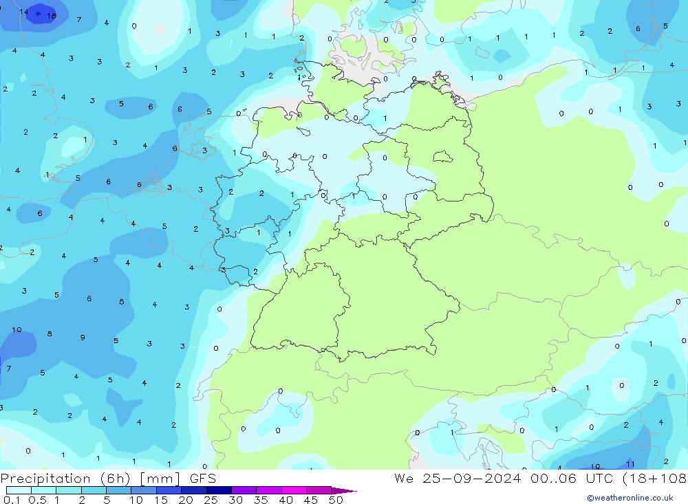 Precipitation (6h) GFS We 25.09.2024 06 UTC