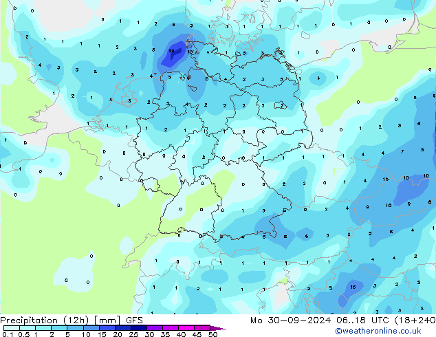 Précipitation (12h) GFS lun 30.09.2024 18 UTC